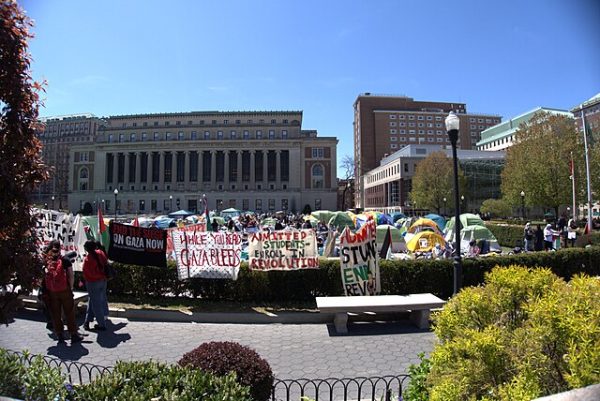 Pro-Palestine encampment at Columbia University. Photo by AnotherFarmerScholar/Wikimedia Commons.