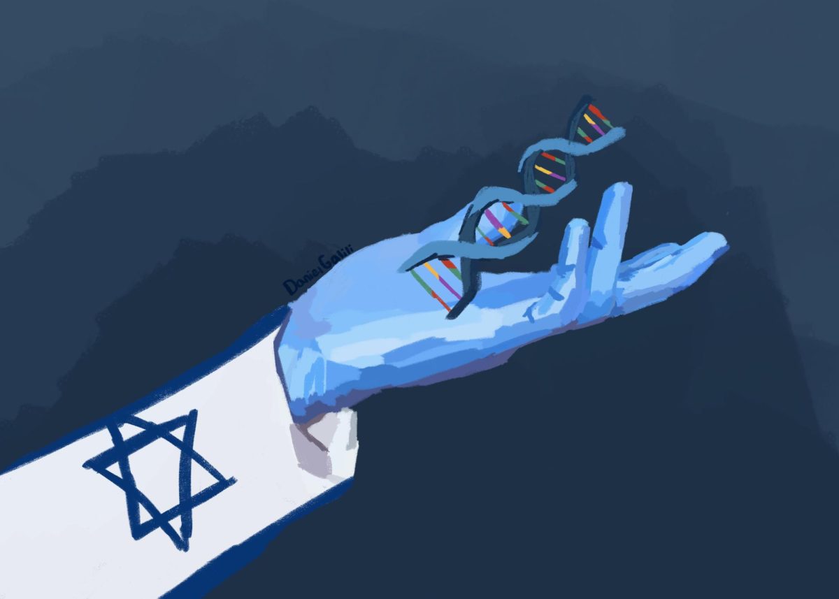 Painting of a gloved hand in a labcoat holding a strand of DNA