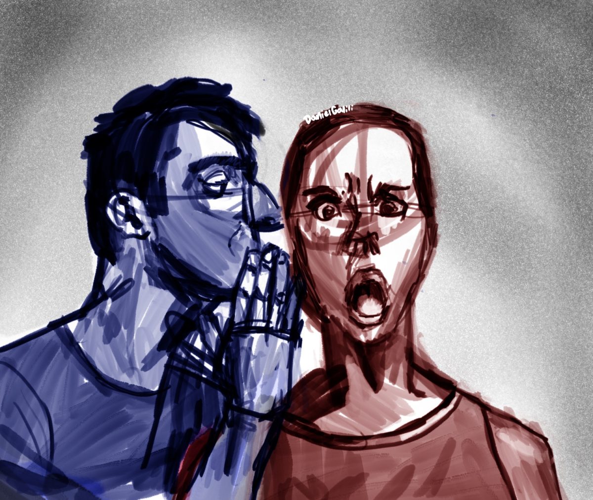 Painting of man whispering into woman’s ear
