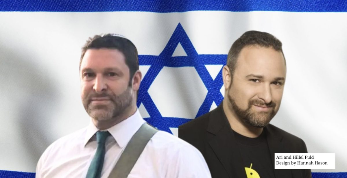 Design of Ari Fuld (left) and Hillel Fuld (right) in front of an Israeli Flag