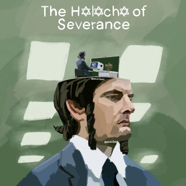 Painting of Severance poster but Mark S has peyot and there are other Jewish symbols