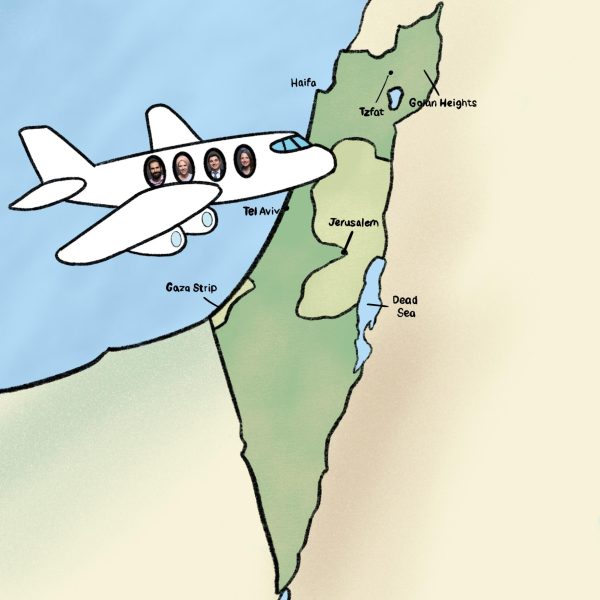 Illustration of Judaic staff in an airplane flying over a map of Israel.
Left to right: Rabbi Hason, Ms. Hason, Rabbi Rothstein, Ms. Rothstein