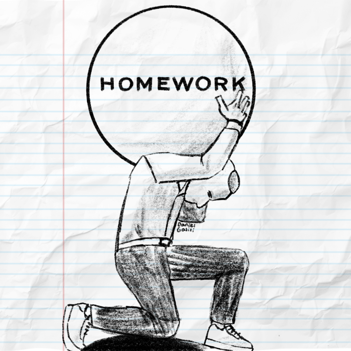 Drawing of NYHS student as atlas carrying the burden of Homework